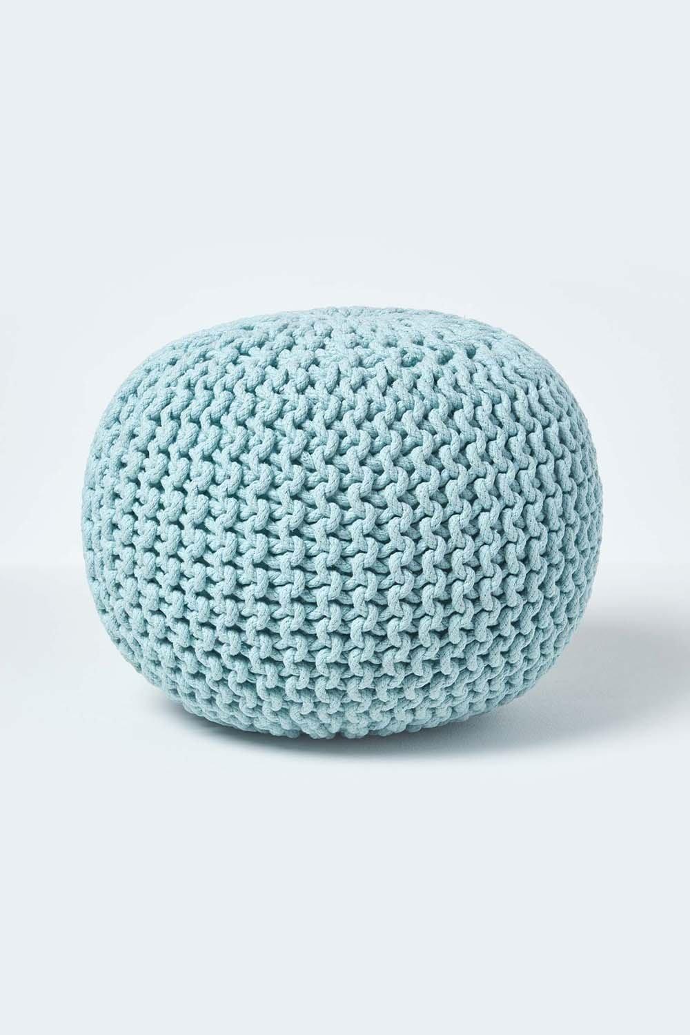Homescapes Round Cotton Knitted Pouffe Footstool|bright blue